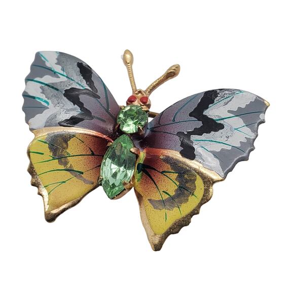 Green Crystal Butterfly Brooch Czech Vintage Insect Pin Nature Inspired Garden - Picture 2 of 4